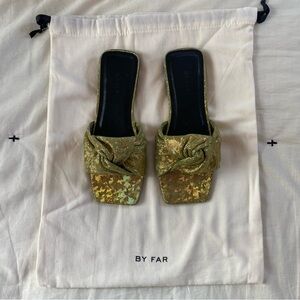 By Far Lima Knot Disco Leather Sandal Women's Size 36 Gold and Green